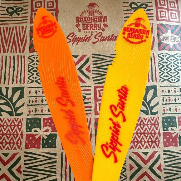 2 Beachbum Berry's Sippin Santa Tiki Swizzle Sticks Surfboard Orange and Yellow - Picture 1 of 4